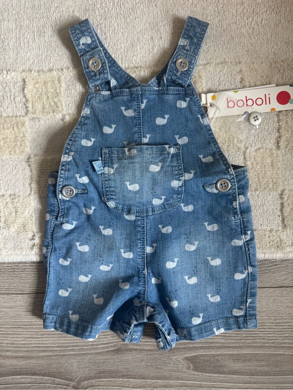 Boboli Blue Whale Denim Short Overalls